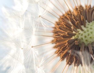 Naklejka premium Close up of dandelion seeds dispersing in air.