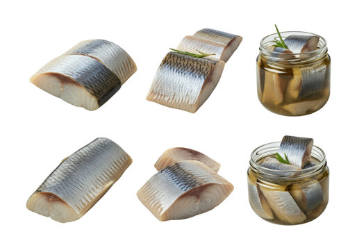 Pickled marinated herring fillets and slices in glass jars, garnished with rosemary, shown on a transparent background