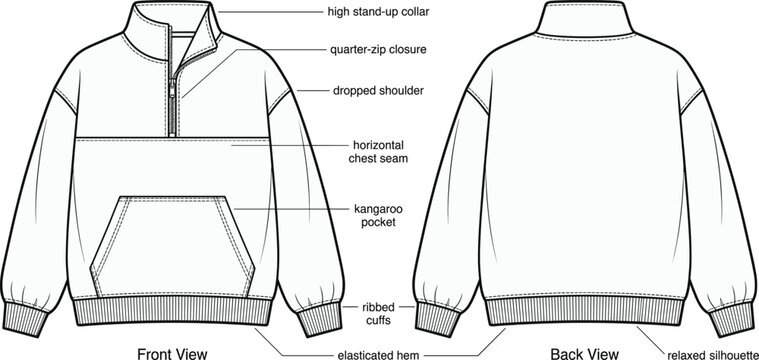 Labeled technical fashion sketch of a womens oversized quarter zip sweatshirt featuring front and back views with garment callouts,