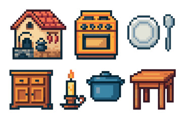 Obraz premium Set of pixel art household items and furniture icons including a house, stove, plate, spoon, cabinet, candle, pot, and table, rendered in a retro 8-bit video game style