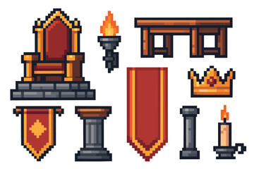 Obraz premium Collection of pixel art medieval royalty assets featuring a golden throne, crown, flaming torch, and banners, created in a classic 8-bit video game sprite design