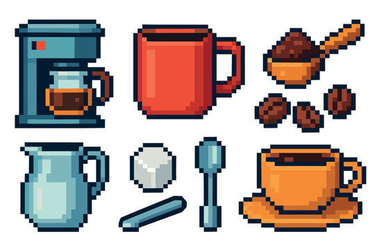 Set of pixel art coffee icons featuring a coffee maker, mug, beans, cup, sugar, and spoon in a retro 8-bit video game style illustration for graphic design