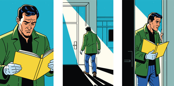 Man in green jacket and gloves reading yellow book in a doorway, noir detective comic art style vector illustration, mystery suspense theme