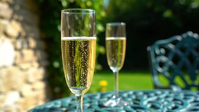 Two bubbly champagne glasses on outdoor patio table in garden