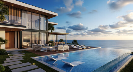 Fototapeta premium Photorealistic 3D rendering of luxury modern villa infinity pool ocean view palm trees sunset exterior architecture