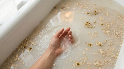Hand resting in milky water with chamomile flowers and oatmeal flakes. Peaceful atmosphere for soothing sensitive skin and self care. Ideal for beauty blogs, skincare marketing, and wellness.