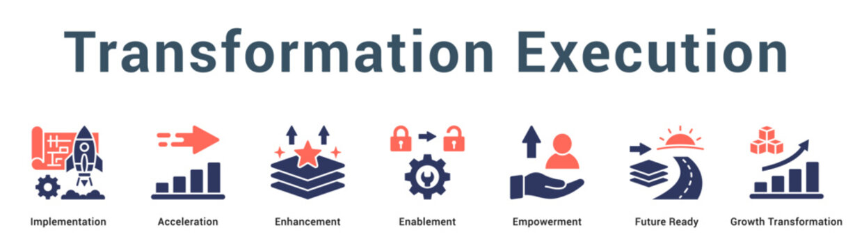Transformation Execution  Modern and clean web banner illustration vector featuring thematic icons