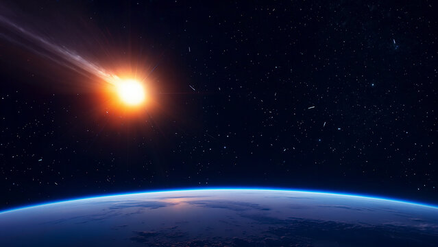 A meteor burns up in the earth's atmosphere as seen from orbit