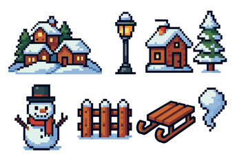 Fototapeta premium Festive collection of winter pixel art icons featuring a snowy village, snowman, sled, and cozy houses in a classic 8-bit video game style