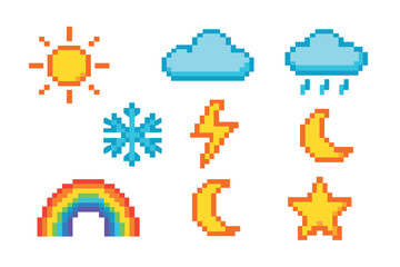 Obraz premium Colorful set of pixel art weather and sky icons including a sun, cloud, rain, snowflake, lightning, moon, star, and rainbow in a simple retro 8-bit video game style