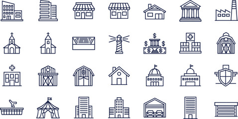 Obraz premium Building and Architecture Line Icon Set with Residential, Commercial, Industrial, and Public Structure Symbols for City Maps, Urban Design, and Interface Graphics