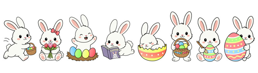 Cute Easter bunny character set. Kawaii white rabbit collection with Easter eggs and baskets in flat vector style