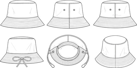 Technical fashion sketch of unisex bucket hat set with multiple views including front, side, back and interior details, © VectoVerse