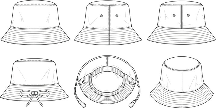 Technical fashion sketch of unisex bucket hat set with multiple views including front, side, back and interior details,