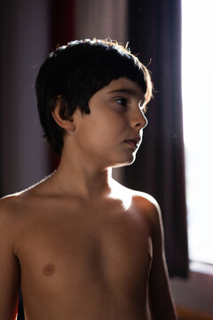 Thoughtful boy gazing in warm natural light indoors
