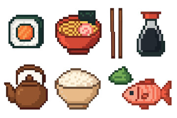 Set of pixel art food icons featuring traditional Asian cuisine like sushi, ramen, rice, and tea in a charming retro 8-bit video game graphic style