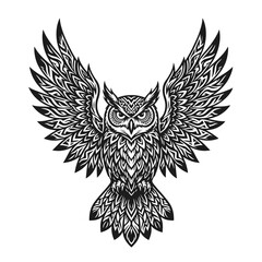 Fototapeta premium Detailed tribal owl with open wings. Wise bird, ornamental style, ethnic pattern, nocturnal predator