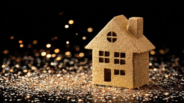 Miniature golden glitter house stands on a bed of sparkling dust with a dark background.