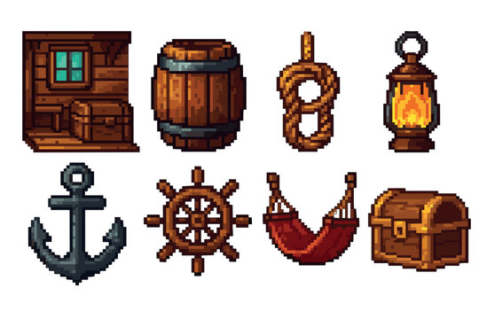 Pixel art collection of pirate themed icons featuring a treasure chest, anchor, ship's wheel, barrel, lantern, rope, hammock, and cabin for a retro 8-bit video game
