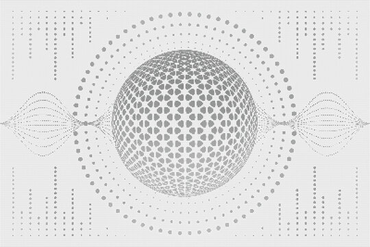 A sophisticated black and white abstract vector background featuring a halftone pattern of digital spheres and round dots creates a textured geometric design for a modern tech backdrop