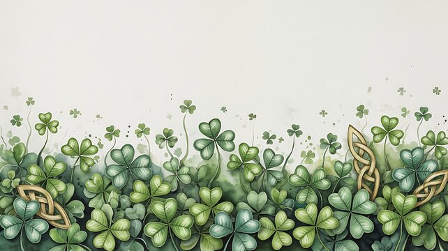 Beautiful shamrock and four leaf clover illustration with gold accents on white background