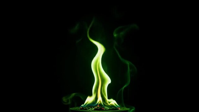 A vibrant green flame rises against a stark black background, its tendrils curling