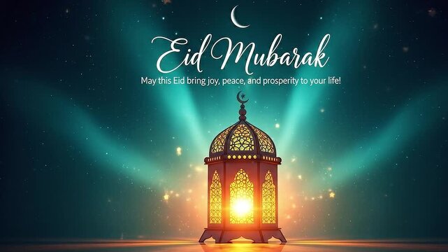 Eid mubarak greeting animation with glowing lantern and sparkling stars in night