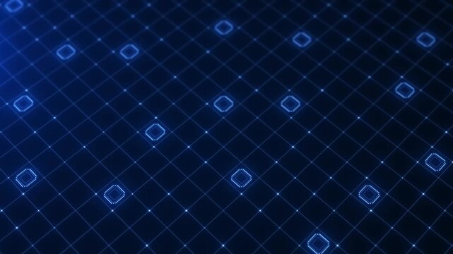 Digital grid with glowing blue squares and dots on a dark background, abstract technology.