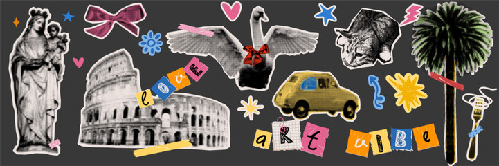 Nostalgic travel collage elements in doodle sketch style. European landmarks and animal silhouettes for aesthetic postcard prints and social media highlights. © Anada77