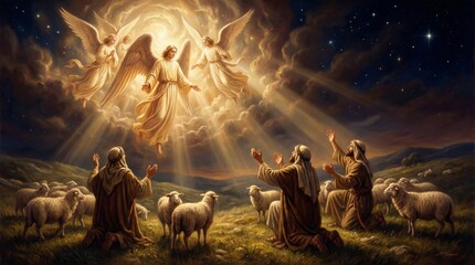 Naklejka premium Shepherds kneeling before angels in a celestial light scene during Christmas night. Christian religion, devotion, and divine revelation in an old master painting style.