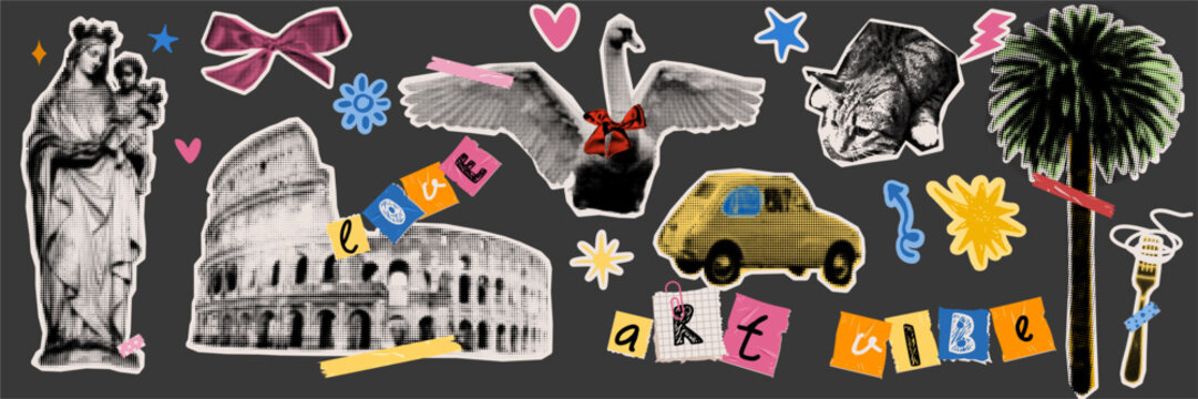 Nostalgic travel collage elements in doodle sketch style. European landmarks and animal silhouettes for aesthetic postcard prints and social media highlights.