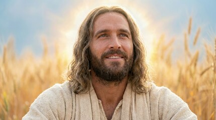 Naklejka premium Jesus christ smiling and looking up, with sun rays from above in a wheat field. Religious devotion, faith, hope and spirituality theme.