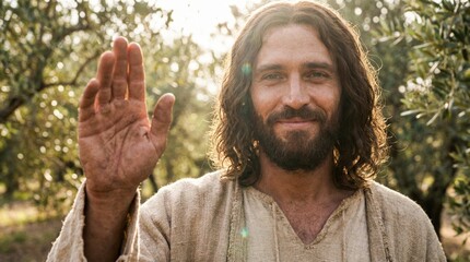 Naklejka premium Man portraying Jesus Christ with hand raised in blessing, religious concept for Christian Easter and spiritual education.