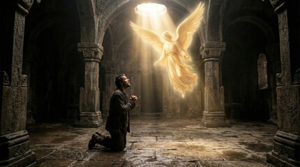 Naklejka premium Man praying to an angel in a dark ancient church. Religious vision and divine intervention. Christian faith and spiritual guidance.