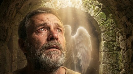 Naklejka premium Grieving man with tears on his face looking up at an angelic figure and light in a dark cave, seeking comfort in faith.