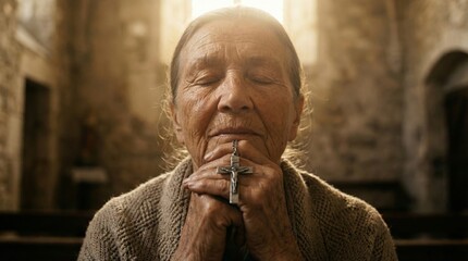 Fototapeta premium Old woman praying in a church with a crucifix in her hands. Concept of faith, religion, catholic, Christianity. For religious publication.