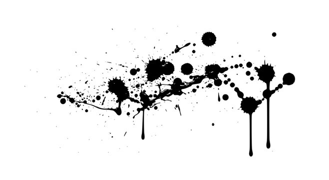Ink splatter grunge brush strokes with dripping paint drops isolated on white background