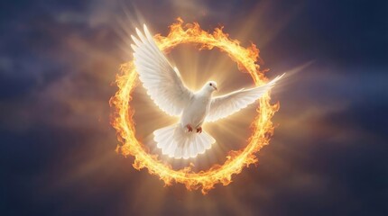 Naklejka premium White dove flying with fiery circle. Holy Spirit concept. Religious symbol for Pentecost, Baptism, New year.