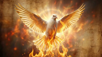 Naklejka premium White dove with outstretched wings within a fiery glow. Holy Spirit concept for Christian religious design during Pentecost.