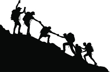 Obraz premium Silhouette of hikers climbing mountain helping each other on steep slope isolated on white background teamwork adventure and leadership concept illustration