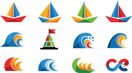 Vibrant Nautical Icon Set featuring Origami Paper Boats, Ocean Waves, Sailing Yachts, Maritime Buoys, Infinity Surf Symbols, and Marine Travel Elements © Mst