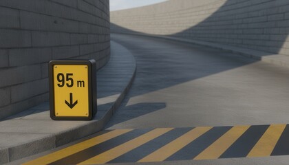 A Modern Road Sign Indicating Distance and Direction on a Concrete Ramp in Daylight