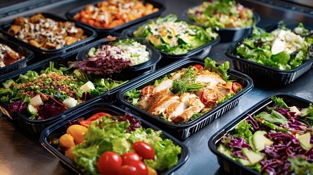 Variety of fresh ingredients and nutritious meals prepared for convenient consumption, showcasing salads with chicken, vegetables, and other healthy toppings