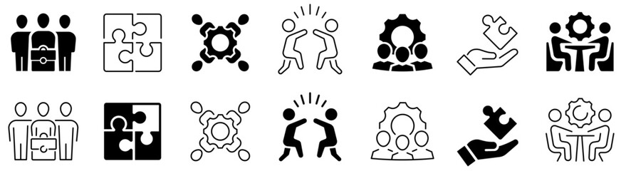 Business teamwork icons. Work group. Team building. Partnership. Team working. Alliance. Human resources. Co-worker. Collaboration. Editable stroke. Vector illustration