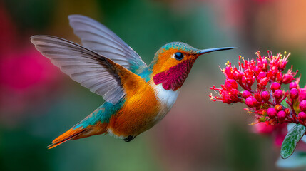 Fototapeta premium Hummingbird hovering near red flower collecting nectar