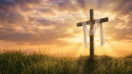Plakat Wooden Cross with draped white cloth on grassy hill at sunrise. Religious redemption and hope concept for Easter season.
