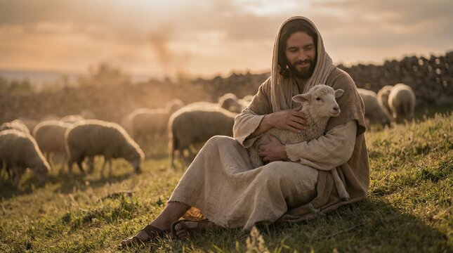 Young man Jesus Christ shepherd with a lamb. Biblical scene of good shepherd with sheep. Christian faith sermon on the mount illustration.