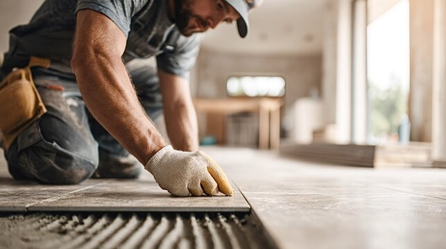 Construction worker carefully laying ceramic floor tiles in a home renovation, creating a modern, durable surface with precision and skilled craftsmanship for interior remodeling