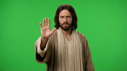 Naklejka premium Jesus Christ man raising hand doing stop gesture on chroma key background. Spiritual teaching and religious guidance. Concept of faith and belief.
