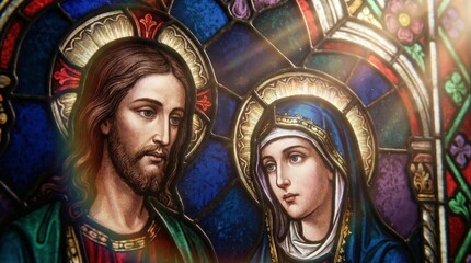 Fototapeta premium Man Jesus Christ and woman Mary in stained glass art. Religious scene church worship. Christian faith, holy spirit, Bible theme.